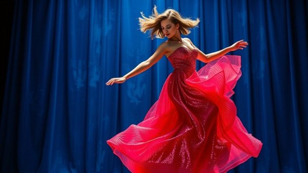 Miss Jamaica in elegant sequin gown falls on stage with blue backdrop.