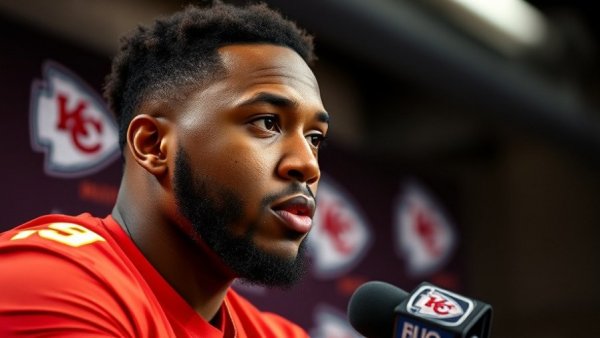 Athlete at Kansas City Chiefs press conference, thoughtful expression.
