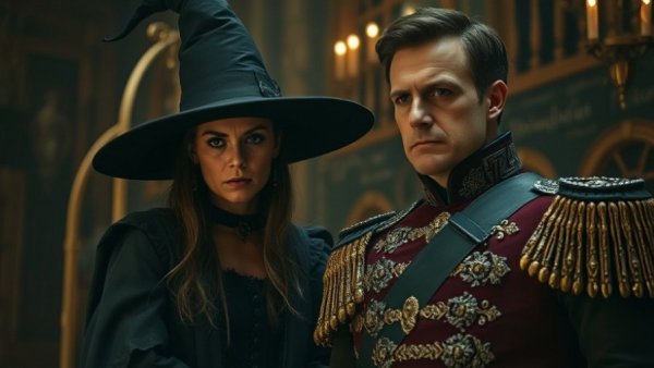 Dramatic scene from Wicked: For Good with witch and military man.