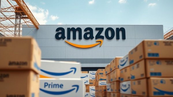 Amazon sign and shipping boxes illustrating the refund process.