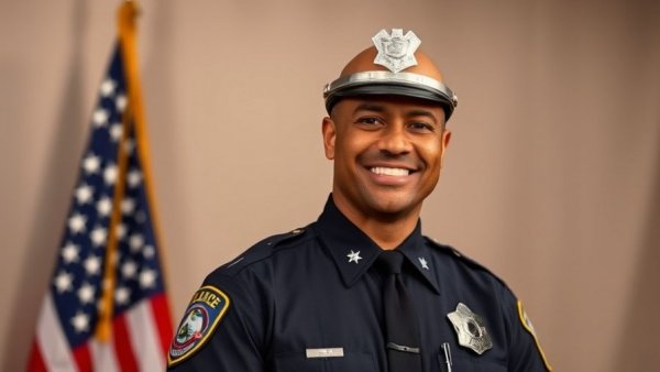 Portrait of a smiling law enforcement officer with an American flag backdrop.
