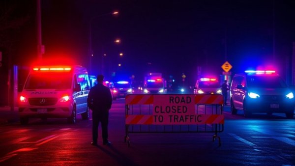 KBI investigating police shooting scene at night with roadblock and lights.