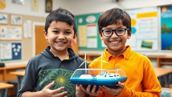 Kansas fifth graders proudly presenting ocean energy invention in classroom.