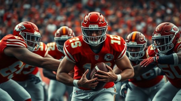 Kansas City Chiefs player in action, surrounded by opponents during a live game.