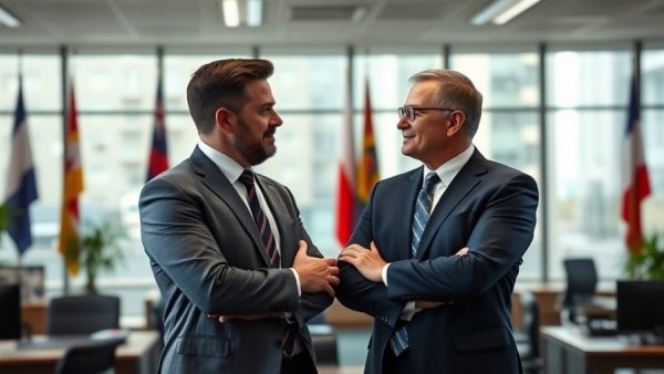 Economic advice exchange in professional office setting with flags.