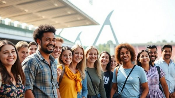 Diverse group smiling at Kansas City event, sunny sports setting.
