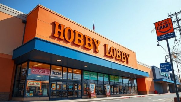Hobby Lobby storefront showcasing large orange sign.