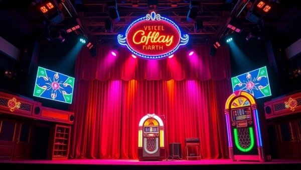 Theatrical stage of Kansas City local businesses event with neon light.