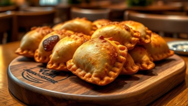 Golden-brown empanadas on a wooden board in a cozy setting.