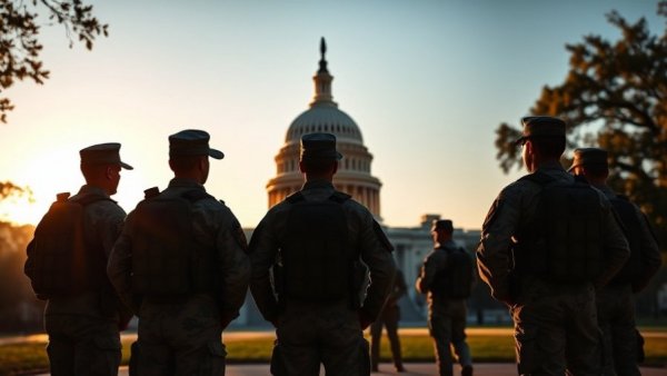 National Guard by U.S. Capitol at sunset, D.C. National Guard shooting.