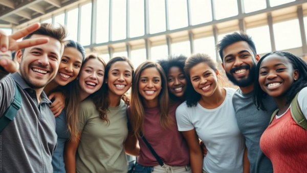 Joyful group taking selfie in sports stadium during Damar Hamlin cardiac arrest recovery event.
