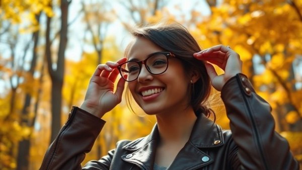 Young woman in a forest adjusts glasses, autumn sunlight.