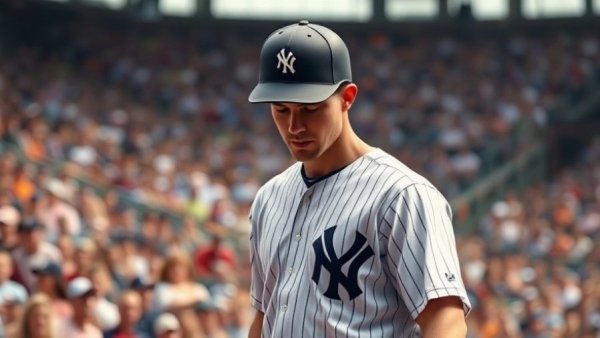 Baseball player in pinstripes walking off field with focused expression.