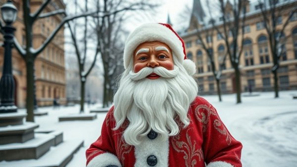 Vintage Santa Claus statue in snowy park with historical backdrop.