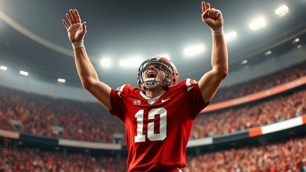 Kansas City Chiefs player celebrating on the field in red uniform.