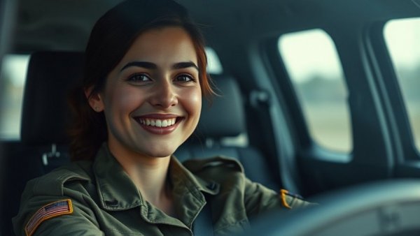 Woman in military uniform smiling inside a vehicle
