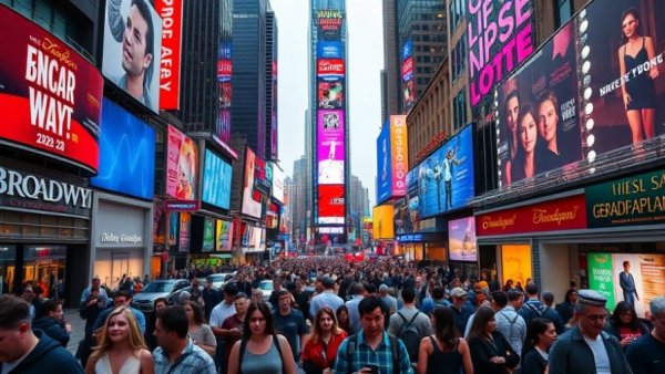 Excited crowd gathers under Broadway neon in Times Square for show season.