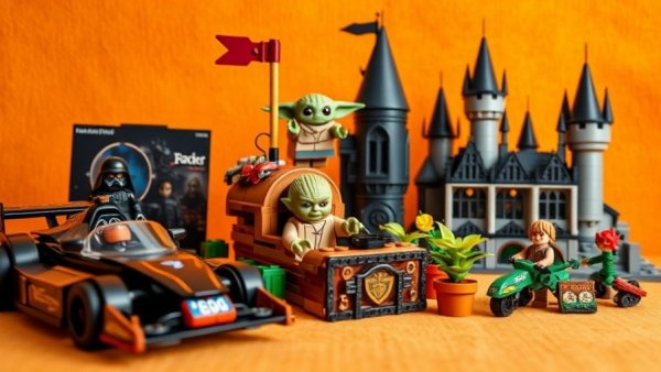 Diverse LEGO sets including a car and castle on an orange background.