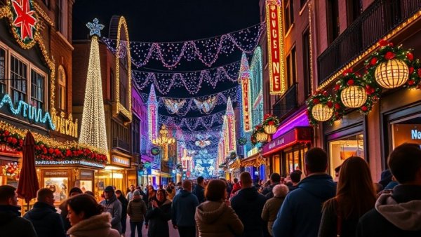 Festive Kansas City neighborhood lighting event at night.