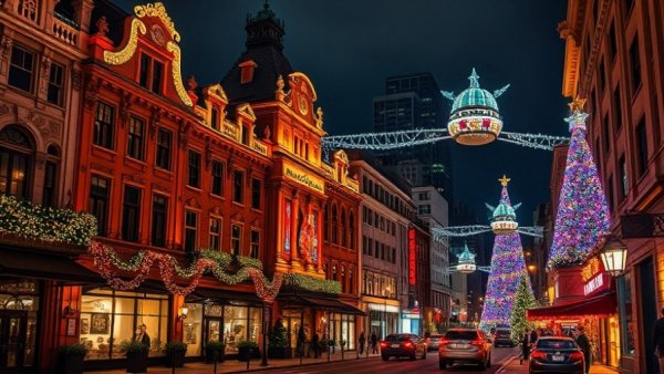 Kansas City beautifully lit up in holiday lights at night.