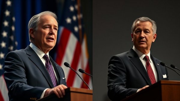 Trump announcement today: Two men speaking at podiums.