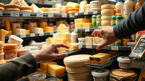 Variety of cheeses on display at Kansas City neighborhood market.