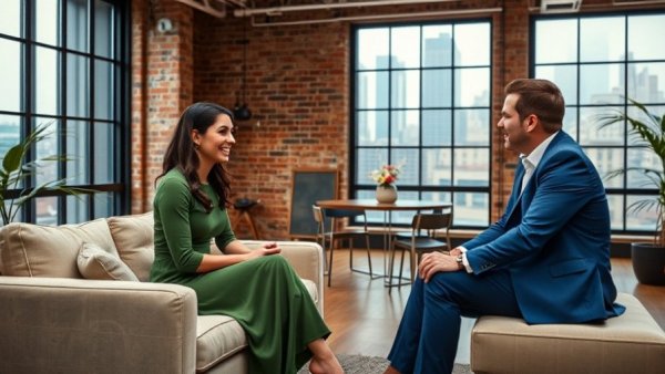 Conversing in urban studio with cityscape view in Kansas City neighborhoods.