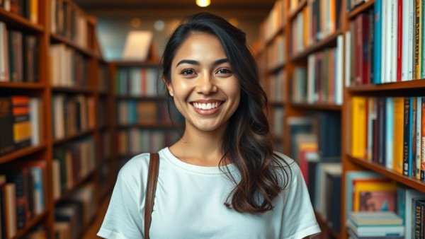 Latina-owned bookstore in Independence featuring a young woman in a colorful book-filled space.