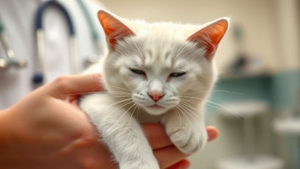 Serene white cat being gently held in a pet clinic.