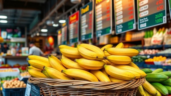 Ripe bananas on display at Kanbe's Markets in Kansas City neighborhoods.