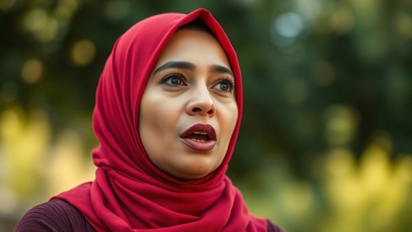 Trump's comments about Ilhan Omar; woman speaking in red hijab.
