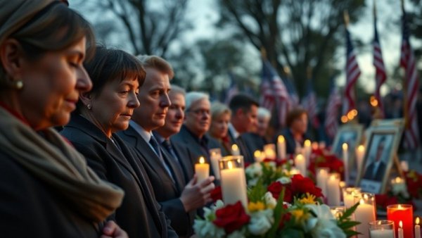 Vigil scene with flags and photos, honoring individuals.