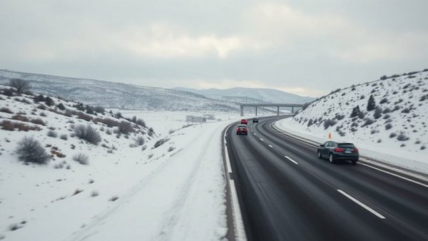 Snowy highway in Kansas City neighborhoods with sparse traffic.