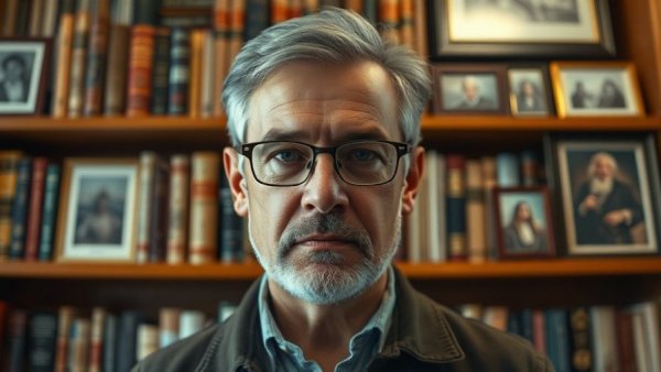 Man with glasses in front of bookshelf, serious expression.