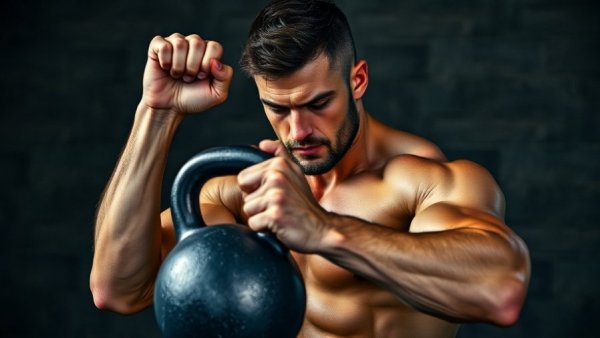 Muscular man doing a kettlebell workout in the gym.