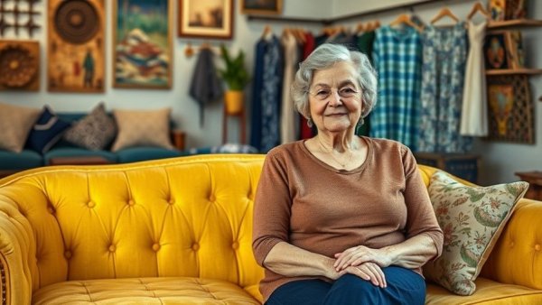 Older woman in Kansas City boutique, seated on vintage sofa.