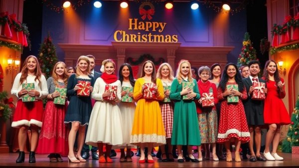 Cast of ELF musical in Kansas City holding gifts on stage.