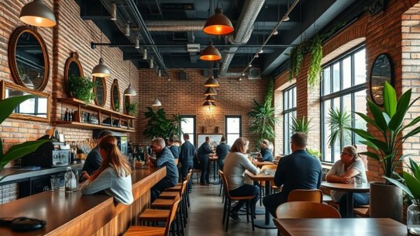 Cozy cafe in Kansas City with exposed brick and patrons at bar.