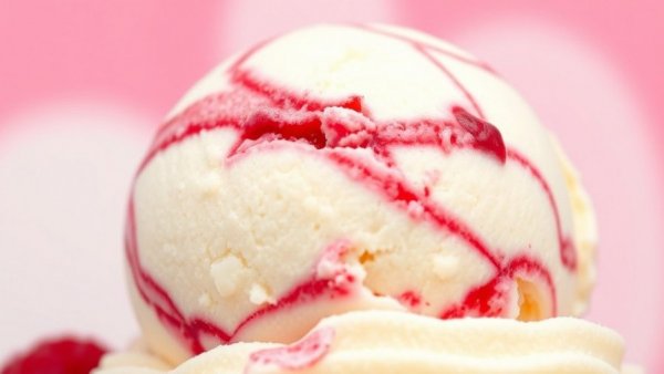 Baskin-Robbins creamy vanilla ice cream scoop with raspberry swirls.