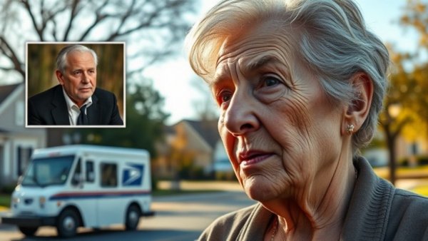 Portrait with USPS electric vehicle, highlighting delays.