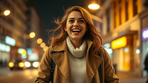 Fashionable young woman in city at night smiling energetically.