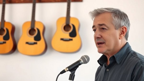 Middle-aged man speaks at event with guitars in background.