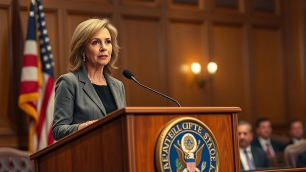 Confident woman at podium discussing Pornhub shutdown Missouri, in a wood-paneled room.