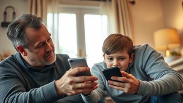 Parent discusses device use with child, device-free childhood movement.