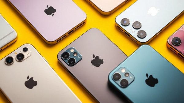 Various iPhone models showcasing different designs on yellow background