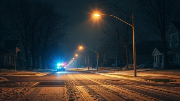 Night scene in Kansas City neighborhood with streetlights and police lights.