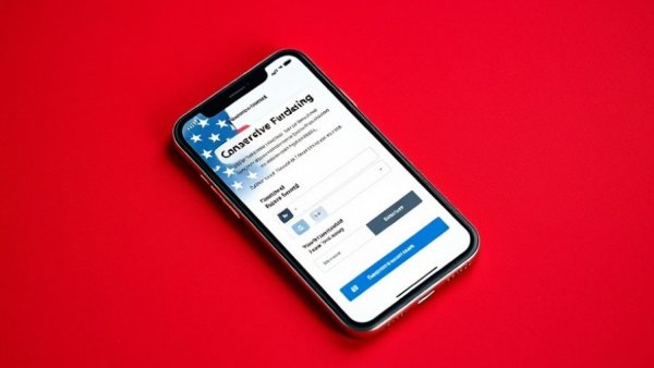 A conservative fundraising platform interface with American flag on smartphone.