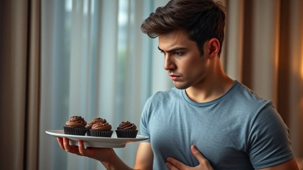 Man contemplating dessert while noticing belly changes indoors, Extreme Yo-Yo Diet Plan.
