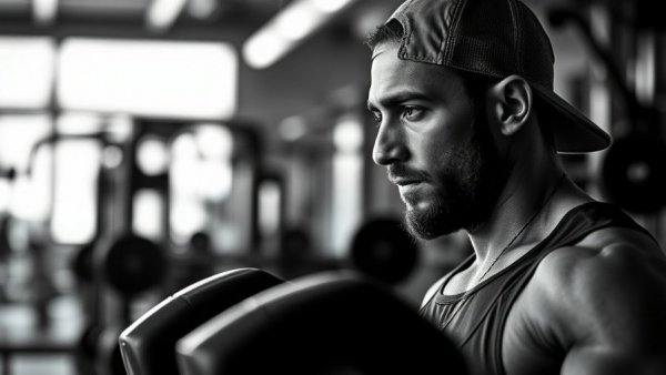 Focused man lifting weights in a gym, Balancing fame fitness and farm life.