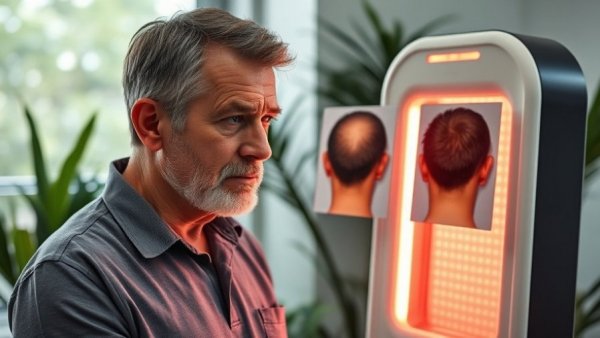 Red light therapy hair growth comparison with concerned man and device.